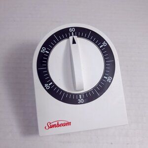 Sunbeam 60 minute kitchen egg timer mechanical white plastic 90353 black dial